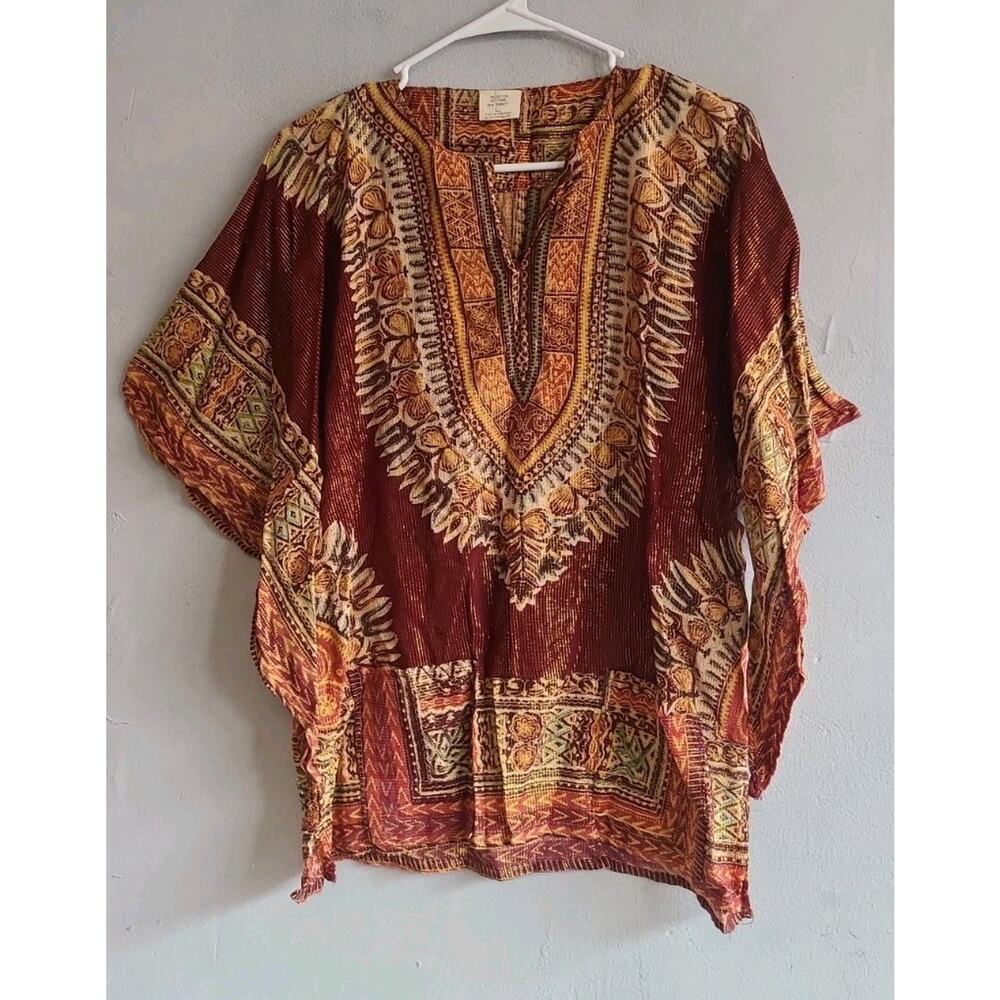 Vintage large Pakistan dashiki brown/yellow/gold long sleeve v-neck cotton shirt